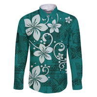 Plumeria Floral Tapa Pattern Crystal Teal Family Matching Off Shoulder Maxi Dress and Hawaiian Shirt LT01 Dad's Shirt - Long Sleeve Teal - Polynesian Pride