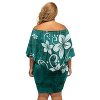 Plumeria Floral Tapa Pattern Crystal Teal Family Matching Off Shoulder Short Dress and Hawaiian Shirt LT01 - Polynesian Pride
