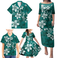 Plumeria Floral Tapa Pattern Crystal Teal Family Matching Puletasi and Hawaiian Shirt LT01 - Polynesian Pride