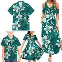 Plumeria Floral Tapa Pattern Crystal Teal Family Matching Summer Maxi Dress and Hawaiian Shirt LT01 - Polynesian Pride