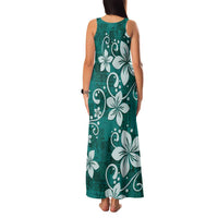 Plumeria Floral Tapa Pattern Crystal Teal Family Matching Tank Maxi Dress and Hawaiian Shirt