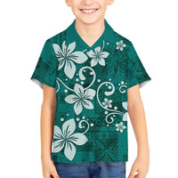 Plumeria Floral Tapa Pattern Crystal Teal Family Matching Tank Maxi Dress and Hawaiian Shirt