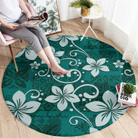 Plumeria Floral Tapa Pattern Crystal Teal Round Carpet