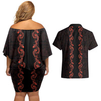 Hawaii Japan Koi Fish Red Couples Matching Off Shoulder Short Dress and Hawaiian Shirt Tapa Pattern - Polynesian Pride