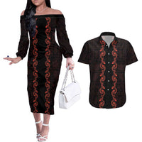 Hawaii Japan Koi Fish Red Couples Matching Off The Shoulder Long Sleeve Dress and Hawaiian Shirt Tapa Pattern LT01 Red - Polynesian Pride