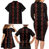 Hawaii Japan Koi Fish Red Family Matching Long Sleeve Bodycon Dress and Hawaiian Shirt Tapa Pattern - Polynesian Pride