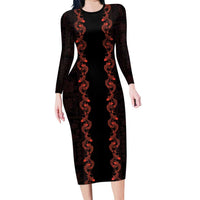 Hawaii Japan Koi Fish Red Family Matching Long Sleeve Bodycon Dress and Hawaiian Shirt Tapa Pattern - Polynesian Pride