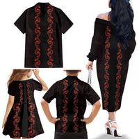 Hawaii Japan Koi Fish Red Family Matching Off The Shoulder Long Sleeve Dress and Hawaiian Shirt Tapa Pattern - Polynesian Pride
