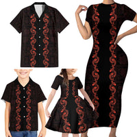 Hawaii Japan Koi Fish Red Family Matching Short Sleeve Bodycon Dress and Hawaiian Shirt Tapa Pattern - Polynesian Pride