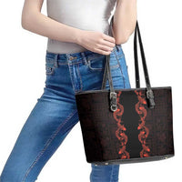 Hawaii Japan Koi Fish Red Leather Tote Bag Tapa Pattern - Polynesian Pride