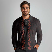 Hawaii Japan Koi Fish Red Long Sleeve Polo Shirt Tapa Pattern - Polynesian Pride