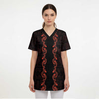 Hawaii Japan Koi Fish Red Scrub Top Tapa Pattern - Polynesian Pride
