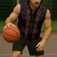 Hawaii Japan Koi Fish Red Sleeveless Zip Hoodie Tapa Pattern - Polynesian Pride