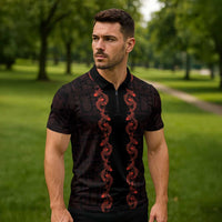 Hawaii Japan Koi Fish Red Zipper Polo Shirt Tapa Pattern - Polynesian Pride