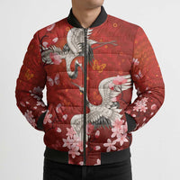 Hawaii Japan Cranes Sakura Flower Red Bomber Puffer Jacket Japan Heritage Spirit - Polynesian Pride