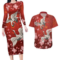 Hawaii Japan Cranes Sakura Flower Red Couples Matching Long Sleeve Bodycon Dress and Hawaiian Shirt Japan Heritage Spirit - Polynesian Pride