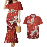 Hawaii Japan Cranes Sakura Flower Red Couples Matching Mermaid Dress and Hawaiian Shirt Japan Heritage Spirit - Polynesian Pride