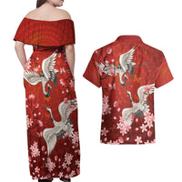 Hawaii Japan Cranes Sakura Flower Red Couples Matching Off Shoulder Maxi Dress and Hawaiian Shirt Japan Heritage Spirit - Polynesian Pride