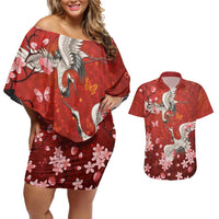 Hawaii Japan Cranes Sakura Flower Red Couples Matching Off Shoulder Short Dress and Hawaiian Shirt Japan Heritage Spirit - Polynesian Pride