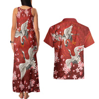 Hawaii Japan Cranes Sakura Flower Red Couples Matching Tank Maxi Dress and Hawaiian Shirt Japan Heritage Spirit - Polynesian Pride