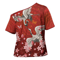 Hawaii Japan Cranes Sakura Flower Red Cross Shoulder Shirt Japan Heritage Spirit LT01 - Polynesian Pride