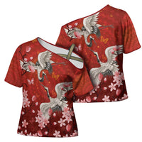 Hawaii Japan Cranes Sakura Flower Red Cross Shoulder Shirt Japan Heritage Spirit - Polynesian Pride