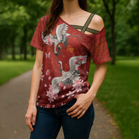 Hawaii Japan Cranes Sakura Flower Red Cross Shoulder Shirt Japan Heritage Spirit - Polynesian Pride