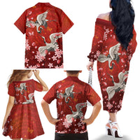 Hawaii Japan Cranes Sakura Flower Red Family Matching Off The Shoulder Long Sleeve Dress and Hawaiian Shirt Japan Heritage Spirit - Polynesian Pride