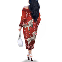 Hawaii Japan Cranes Sakura Flower Red Family Matching Off The Shoulder Long Sleeve Dress and Hawaiian Shirt Japan Heritage Spirit - Polynesian Pride