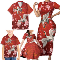 Hawaii Japan Cranes Sakura Flower Red Family Matching Short Sleeve Bodycon Dress and Hawaiian Shirt Japan Heritage Spirit LT01 - Polynesian Pride
