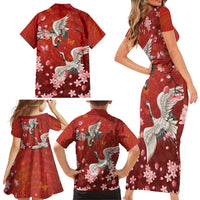 Hawaii Japan Cranes Sakura Flower Red Family Matching Short Sleeve Bodycon Dress and Hawaiian Shirt Japan Heritage Spirit - Polynesian Pride