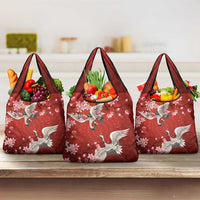 Hawaii Japan Cranes Sakura Flower Red Grocery Bag Japan Heritage Spirit - Polynesian Pride