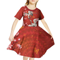 Hawaii Japan Cranes Sakura Flower Red Kid Short Sleeve Dress Japan Heritage Spirit LT01 - Polynesian Pride