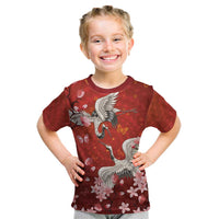 Hawaii Japan Cranes Sakura Flower Red Kid T Shirt Japan Heritage Spirit LT01 Red - Polynesian Pride