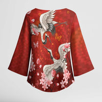 Hawaii Japan Cranes Sakura Flower Red Kimono Sleeve Blouse Japan Heritage Spirit - Polynesian Pride