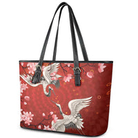 Hawaii Japan Cranes Sakura Flower Red Leather Tote Bag Japan Heritage Spirit - Polynesian Pride