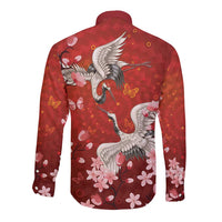 Hawaii Japan Cranes Sakura Flower Red Long Sleeve Button Shirt Japan Heritage Spirit - Polynesian Pride