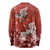 Hawaii Japan Cranes Sakura Flower Red Long Sleeve Shirt Japan Heritage Spirit - Polynesian Pride