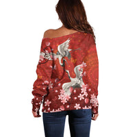 Hawaii Japan Cranes Sakura Flower Red Off Shoulder Sweater Japan Heritage Spirit - Polynesian Pride