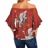 Hawaii Japan Cranes Sakura Flower Red Off Shoulder Wrap Waist Top Japan Heritage Spirit LT01 - Polynesian Pride