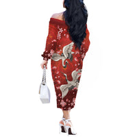 Hawaii Japan Cranes Sakura Flower Red Off The Shoulder Long Sleeve Dress Japan Heritage Spirit - Polynesian Pride