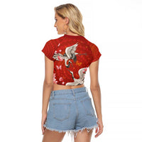 Hawaii Japan Cranes Sakura Flower Red Raglan Cropped T Shirt Japan Heritage Spirit - Polynesian Pride