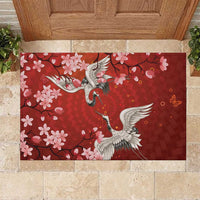 Hawaii Japan Cranes Sakura Flower Red Rubber Doormat Japan Heritage Spirit - Polynesian Pride