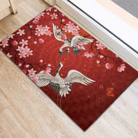 Hawaii Japan Cranes Sakura Flower Red Rubber Doormat Japan Heritage Spirit - Polynesian Pride