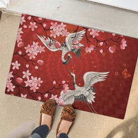 Hawaii Japan Cranes Sakura Flower Red Rubber Doormat Japan Heritage Spirit - Polynesian Pride