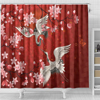Hawaii Japan Cranes Sakura Flower Red Shower Curtain Japan Heritage Spirit - Polynesian Pride