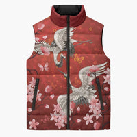 Hawaii Japan Cranes Sakura Flower Red Sleeveless Puffer Jacket Japan Heritage Spirit - Polynesian Pride