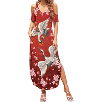 Hawaii Japan Cranes Sakura Flower Red Summer Maxi Dress Japan Heritage Spirit LT01 Women Red - Polynesian Pride