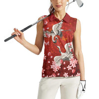 Hawaii Japan Cranes Sakura Flower Red Women Sleeveless Polo Shirt Japan Heritage Spirit - Polynesian Pride