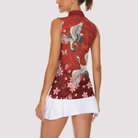 Hawaii Japan Cranes Sakura Flower Red Women Sleeveless Polo Shirt Japan Heritage Spirit - Polynesian Pride